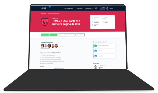 Notebook com a tela do curso de HTML e CSS da Alura