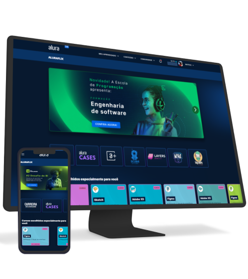 Um monitor e um celular com o Alura Plus aberto.